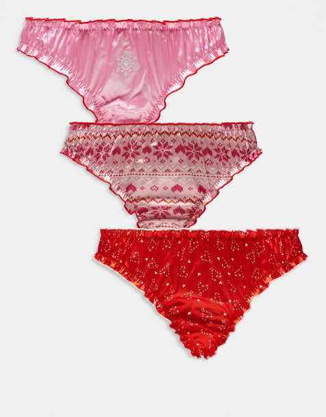 ASOS DESIGN – Roligt julmönstrade stringtrosor i rynkad satin, 3-pack - view 1
