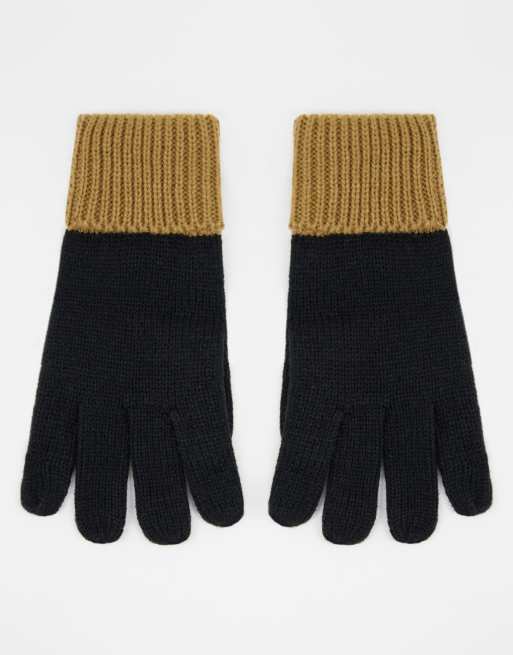 ASOS DESIGN roll back knitted gloves in black and camel color block