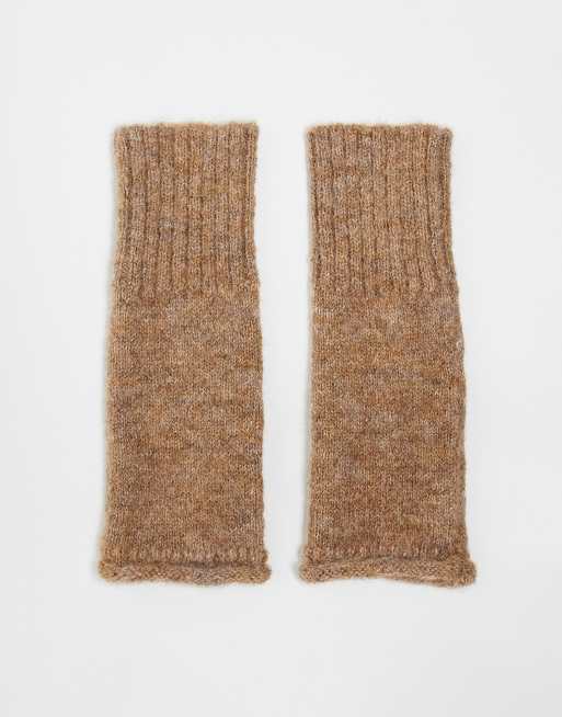 ASOS DESIGN roll edge wool mix palm warmers in camel