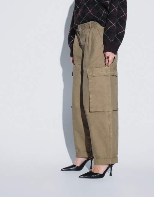 ASOS DESIGN roll hem cargo pant with eyelet belt in khaki, 2 of 5