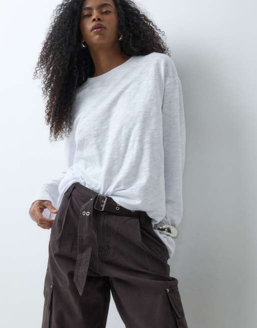 ASOS DESIGN roll hem cargo trouser with eyelet belt in chocolate, 4 of 5
