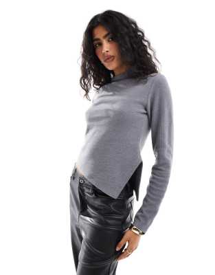 Asos Design Roll Neck Asymmetric Supersoft Top In Charcoal-gray