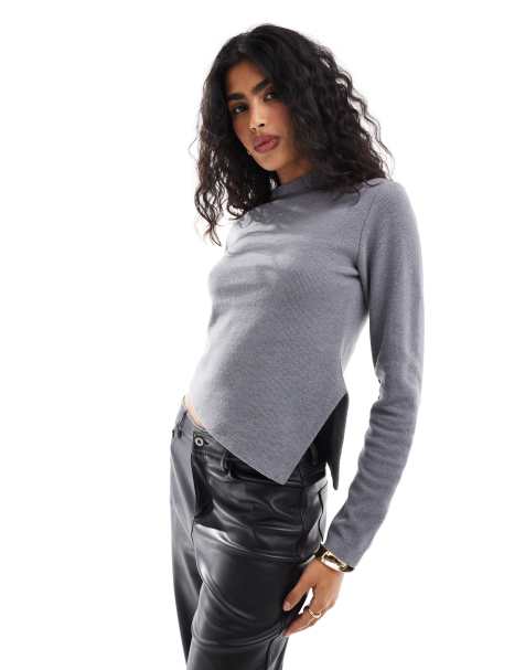 ASOS DESIGN roll neck asymmetric supersoft top in charcoal - view 1