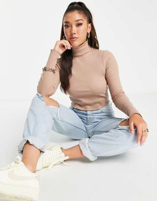 ASOS DESIGN roll neck crop top in rib in sand