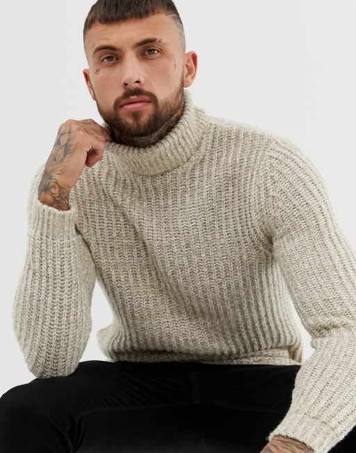 ASOS DESIGN roll neck fisherman rib jumper in oatmeal ASOS