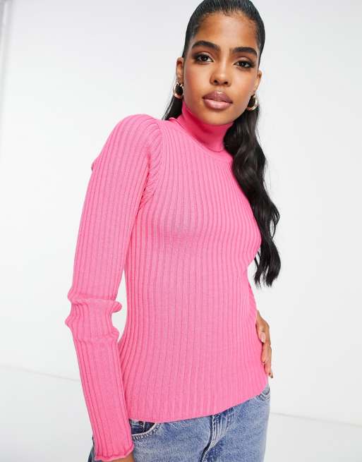 ASOS DESIGN roll neck jumper in rib in pink ASOS