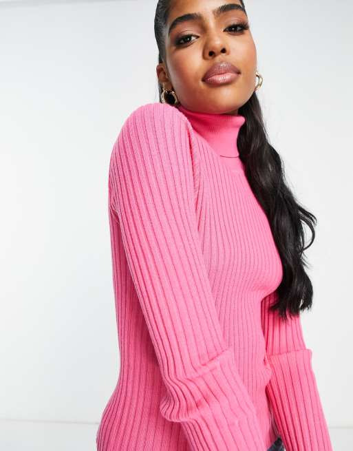 ASOS DESIGN roll neck jumper in rib in pink ASOS