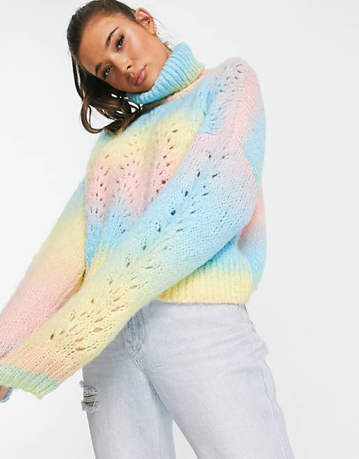 roll neck jumper with pointelle stitch in space dye 
