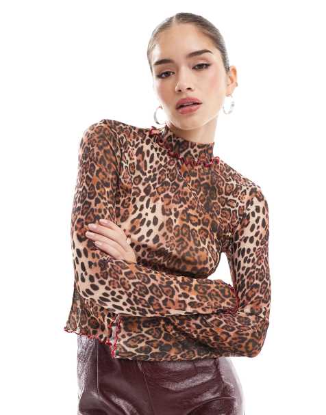 ASOS DESIGN roll neck leopard print top with contrast babylock in brown - view 1