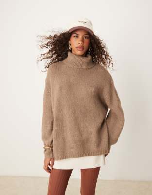 roll neck longline sweater in mocha-White