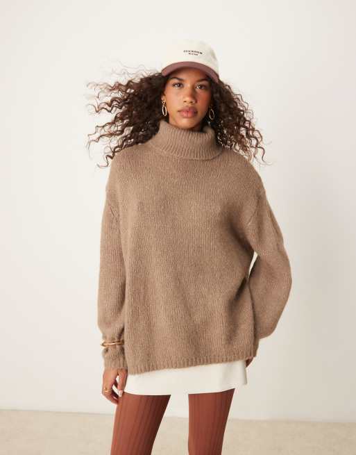 ASOS DESIGN roll neck longline sweater in mocha