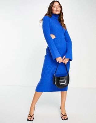 ASOS DESIGN roll neck midi dress with cut out waist detail in blue - ASOS Price Checker
