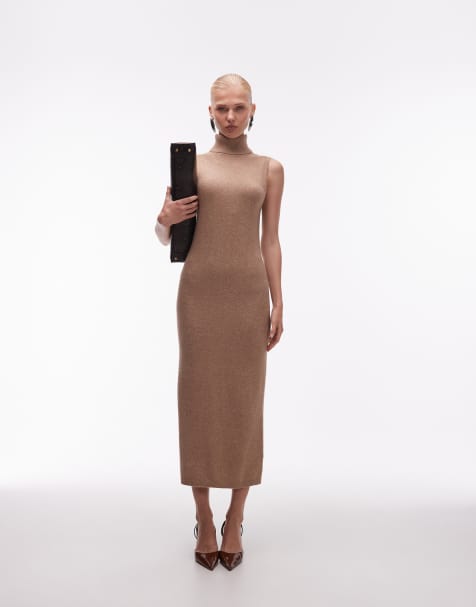 ASOS DESIGN roll neck midweight maxi dress in camel