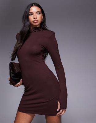 Asos Design Roll Neck Mini Dress With Shoulder Pad Detail In Brown