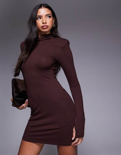 ASOS DESIGN roll neck mini dress with shoulder pad detail in brown - view 1