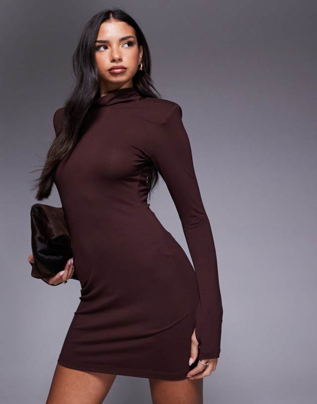 ASOS DESIGN roll neck mini dress with shoulder pad detail in brown