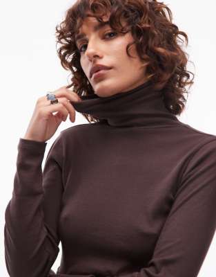 Asos Design Roll Neck Second Skin Top In Brown