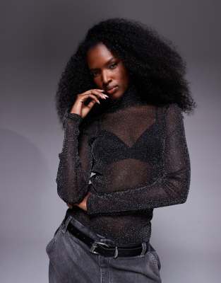 Asos Design Roll Neck Sheer Metallic Second Skin Mesh Top In Black