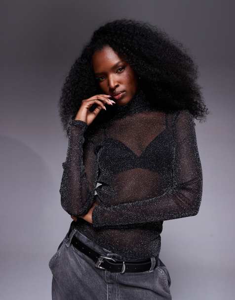 ASOS DESIGN roll neck sheer metallic second skin mesh top in black - view 1
