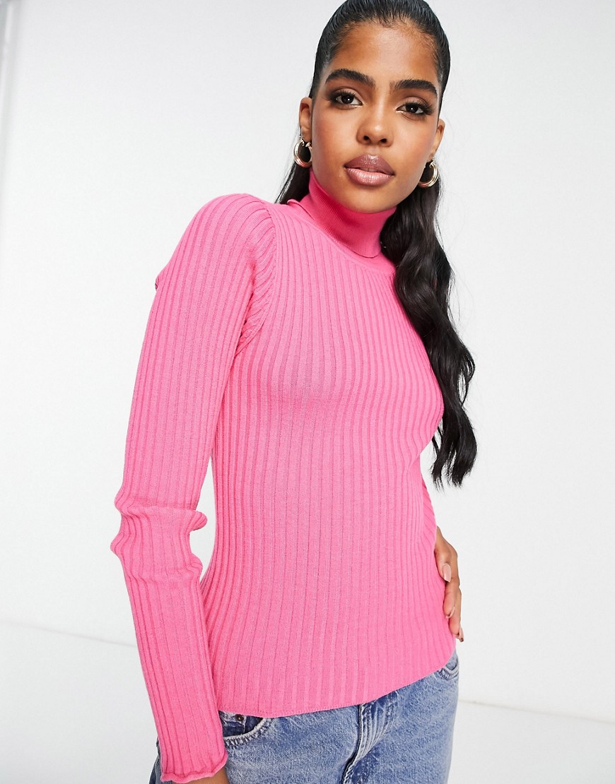 ASOS DESIGN roll neck sweater in rib in pink