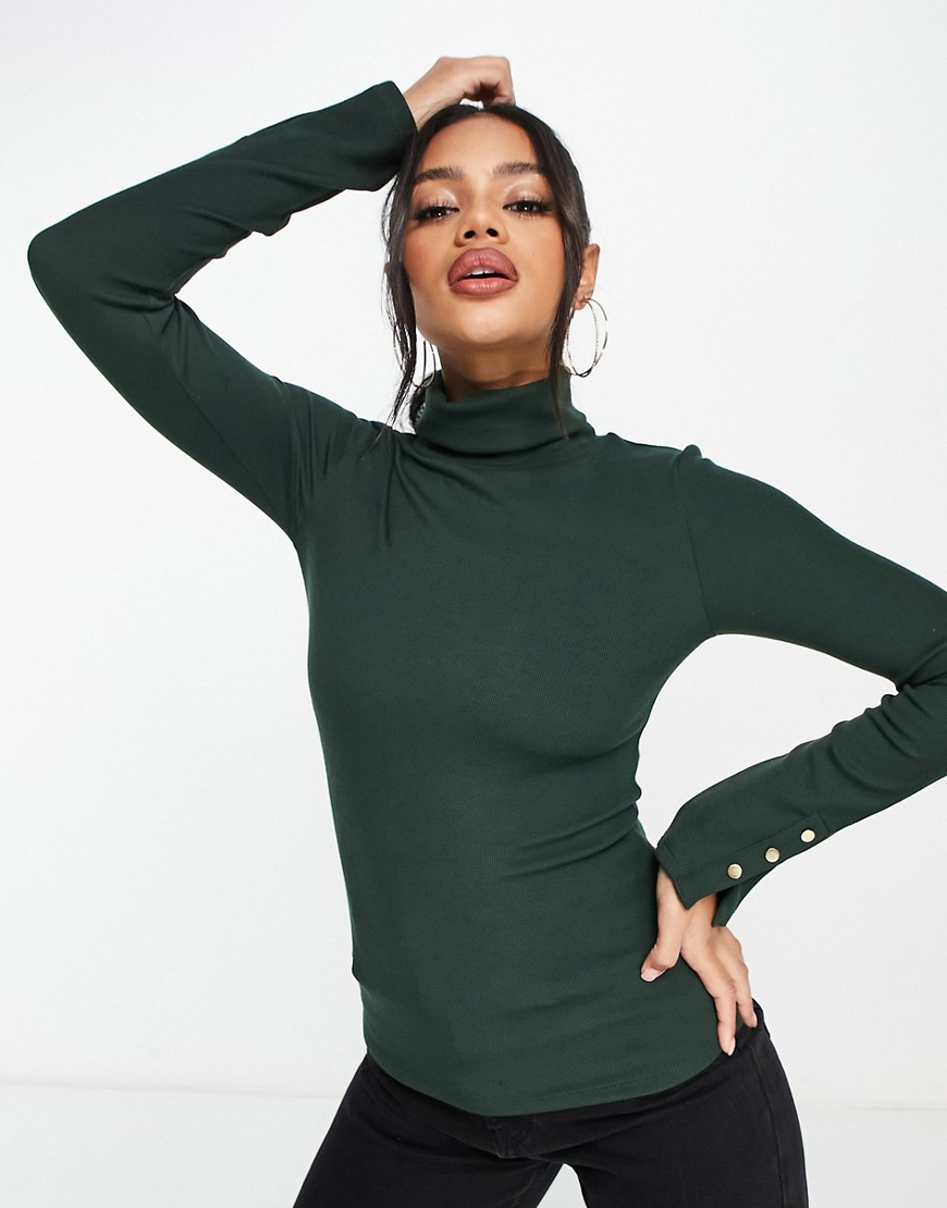 ASOS DESIGN roll neck with button cuff in forest green - DGREEN
