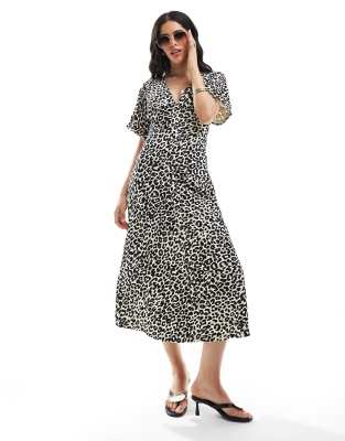 roll sleeve button front midi tea dress in animal print-Multi