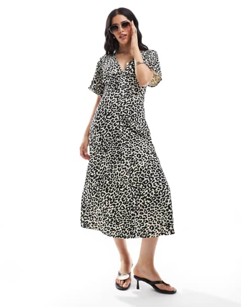 ASOS DESIGN roll sleeve button front midi tea dress in animal print - view 1