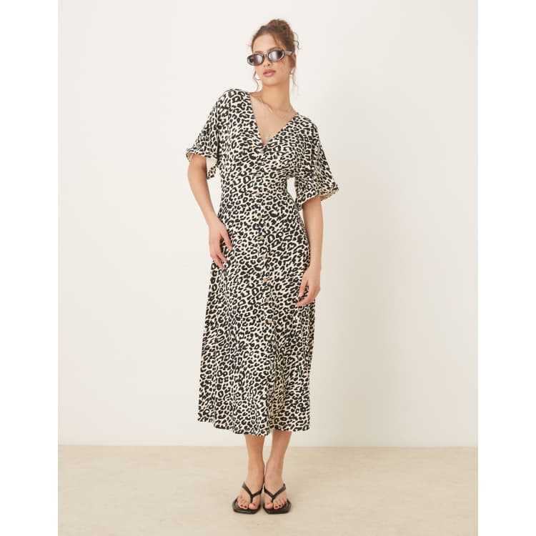 ASOS DESIGN roll sleeve button front midi tea dress in animal print | ASOS