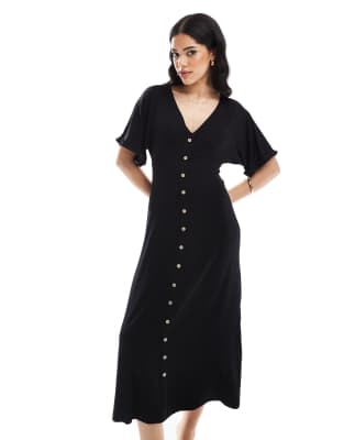 ASOS DESIGN roll sleeve button front midi tea dress in black