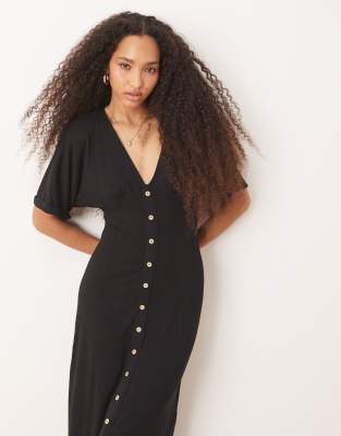 ASOS DESIGN ROLL SLEEVE BUTTON FRONT MIDI TEA DRESS 