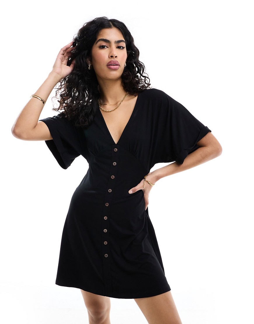 ASOS DESIGN roll sleeve button front mini tea dress in black