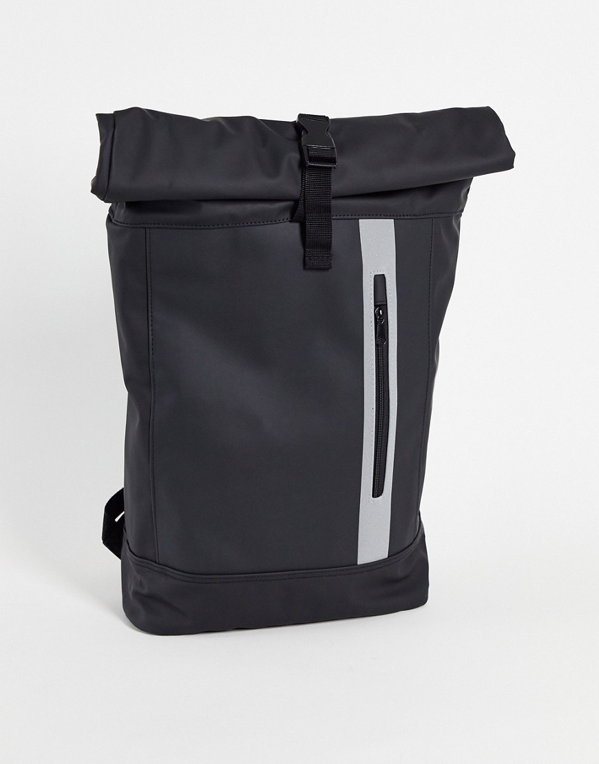 ASOS DESIGN roll top backpack in black rubberized finish and reflective zip detail 20 Liters