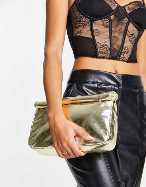 ASOS DESIGN faux feather clutch bag with gold handle in black