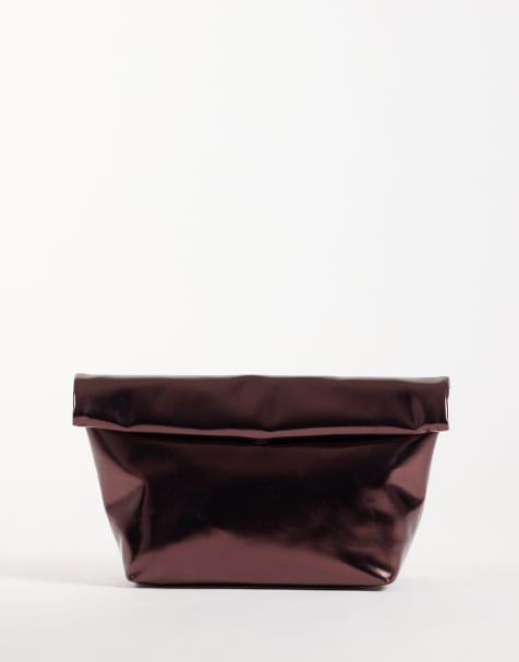 ASOS DESIGN roll top clutch bag in metallic burgundy - view 1
