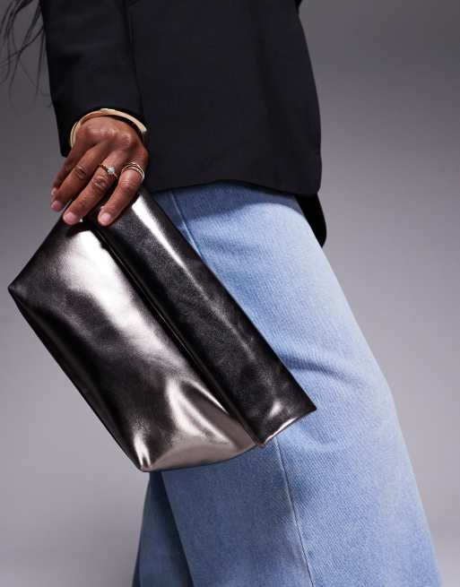 ASOS DESIGN roll top clutch bag in pewter