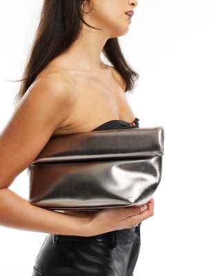 roll top clutch bag with pleated corner detail in gunmetal-Silver