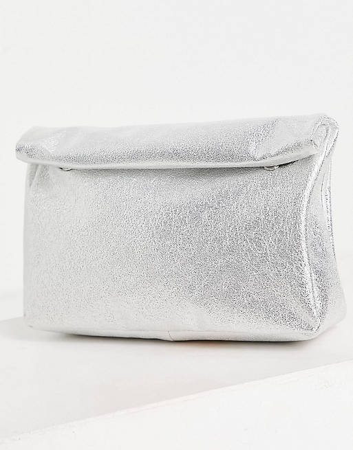 ASOS DESIGN roll top clutch bag in metallic silver