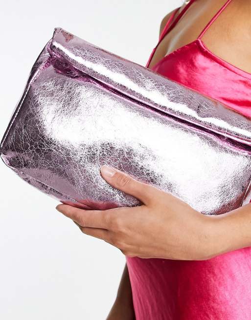 ASOS DESIGN resin clutch bag with detachable multi colored chain in pink