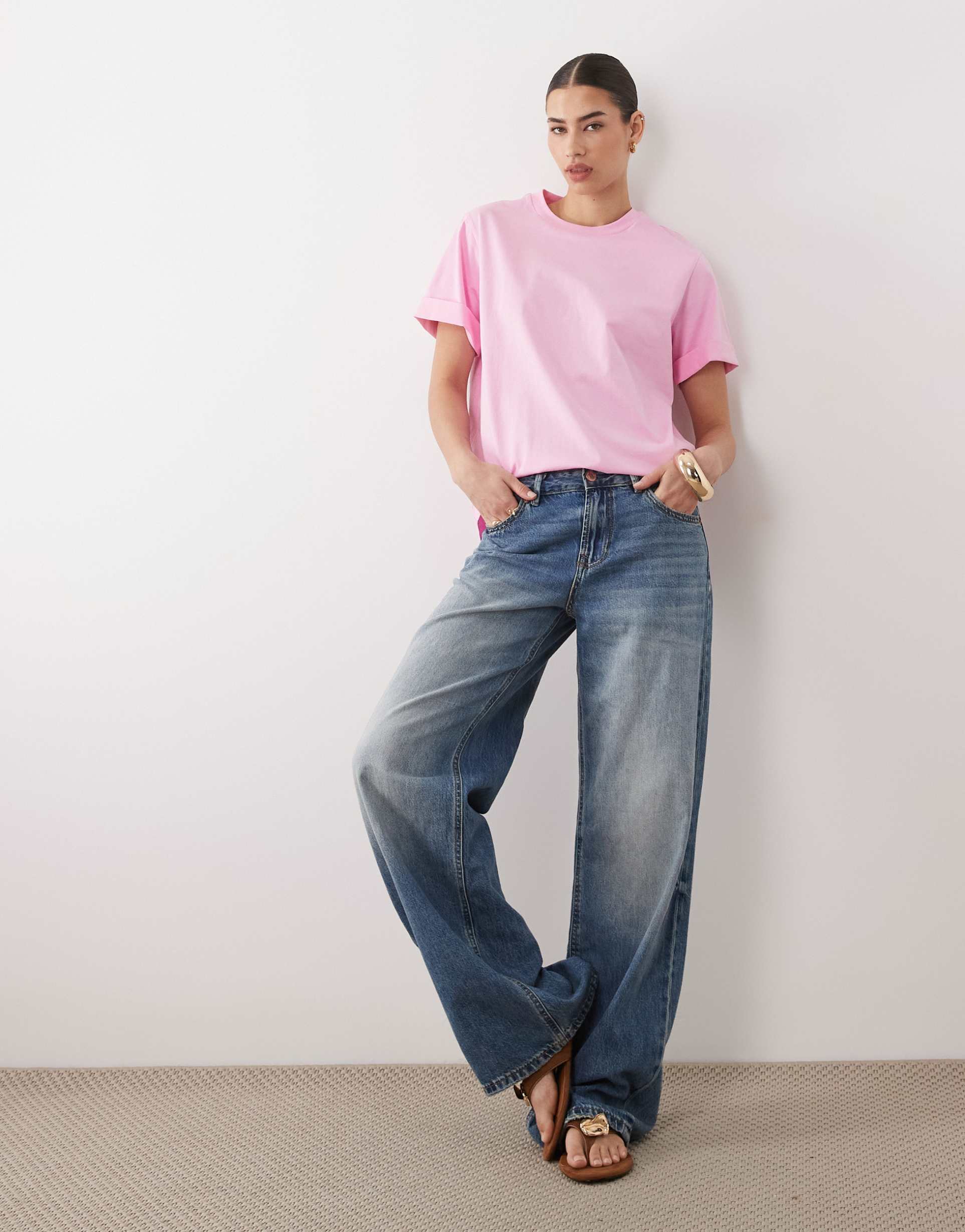asos design roll up sleeve oversized t-shirt in pink