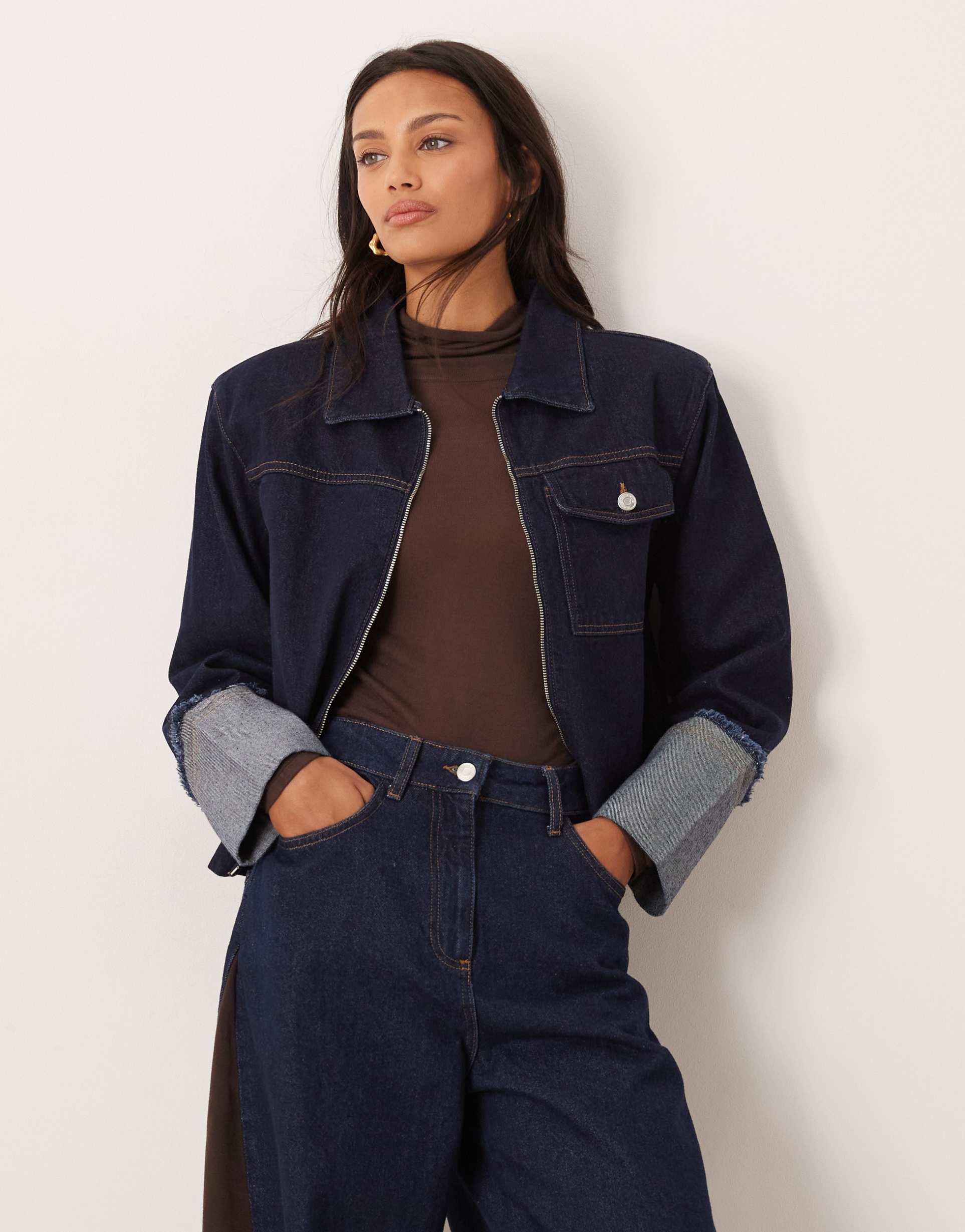 asos design rolled distressed cuffs shoulder pads jacket in indigo