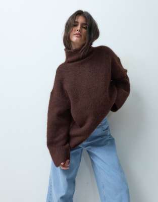 ASOS DESIGN rolled edge funnel neck oversized sweater in chocolate | ASOS