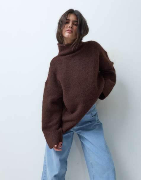 ASOS DESIGN rolled edge funnel neck oversized sweater in chocolate - view 1