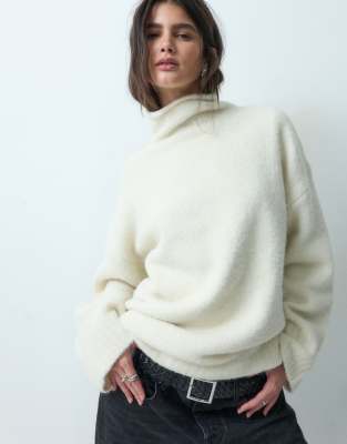 Asos Design Rolled Edge Funnel Neck Oversized Sweater In White