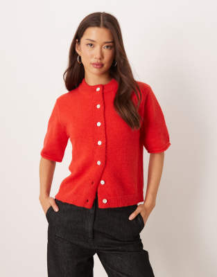 Asos Design Rolled Edge Short Sleeve Cardigan In Red