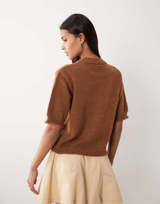 ASOS DESIGN rolled edge short sleeve cardigan in toffee, 4 of 4