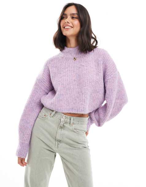 ASOS DESIGN rolled edge twist yarn jumper in pink - view 1