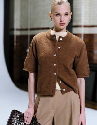 Asos Design Rolled Edges Short Sleeve Cardigan In Brown
