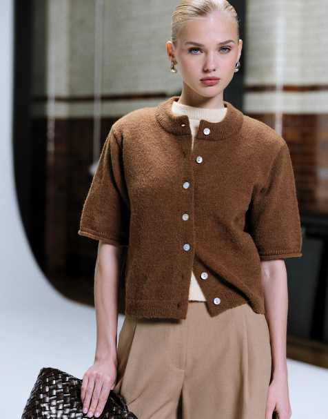 ASOS DESIGN rolled edges short sleeve cardigan in toffee - view 1