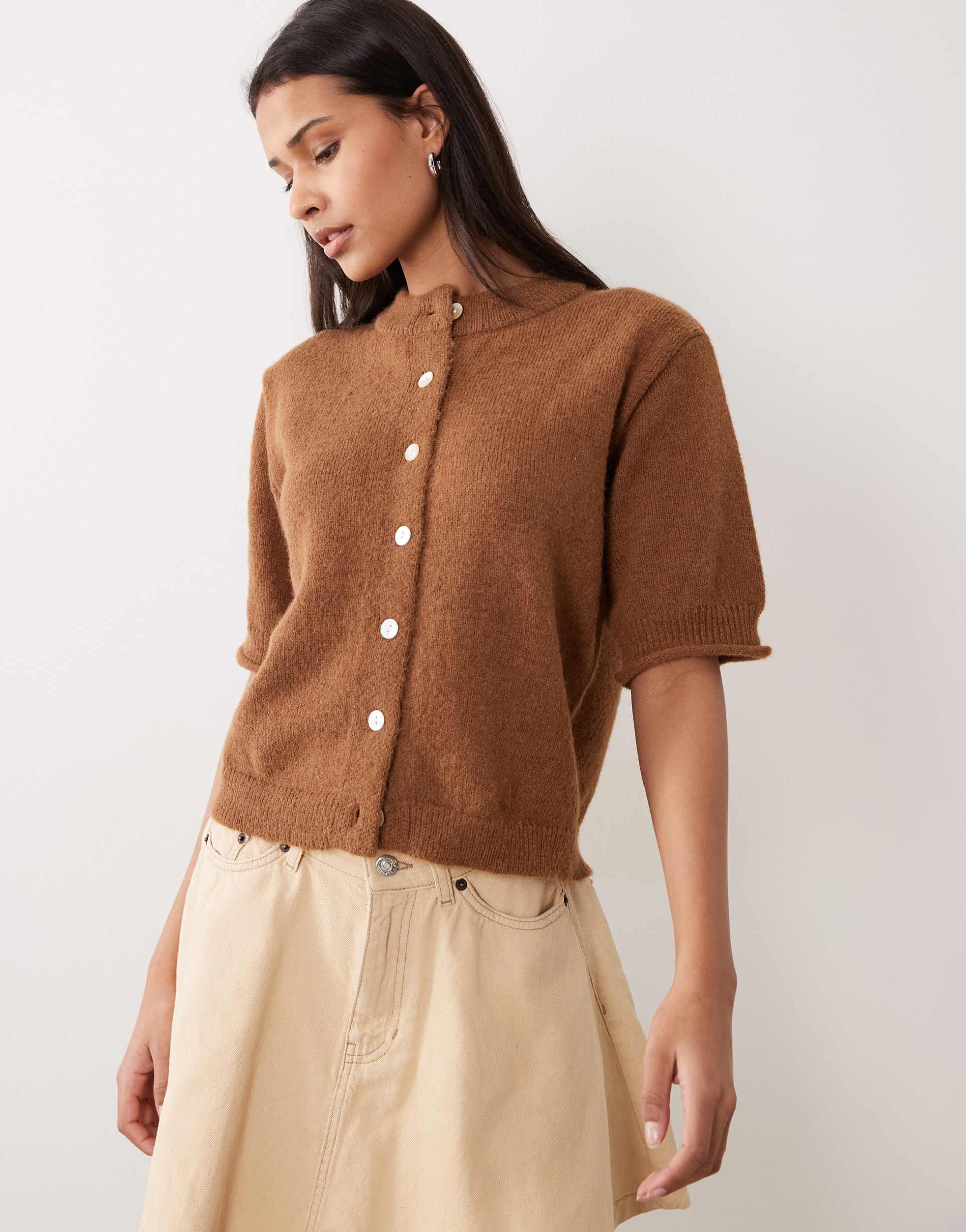 asos design rolled edges short sleeve cardigan in toffee