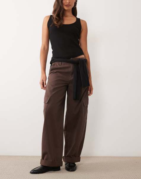 ASOS DESIGN rolled hem cargo pant with pocket detail in washed chocolate - view 1